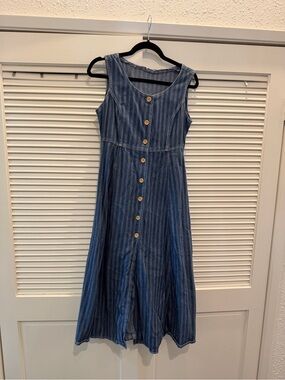 Vintage Railroad Striped Button-Front Sleeveless Dress - Blue